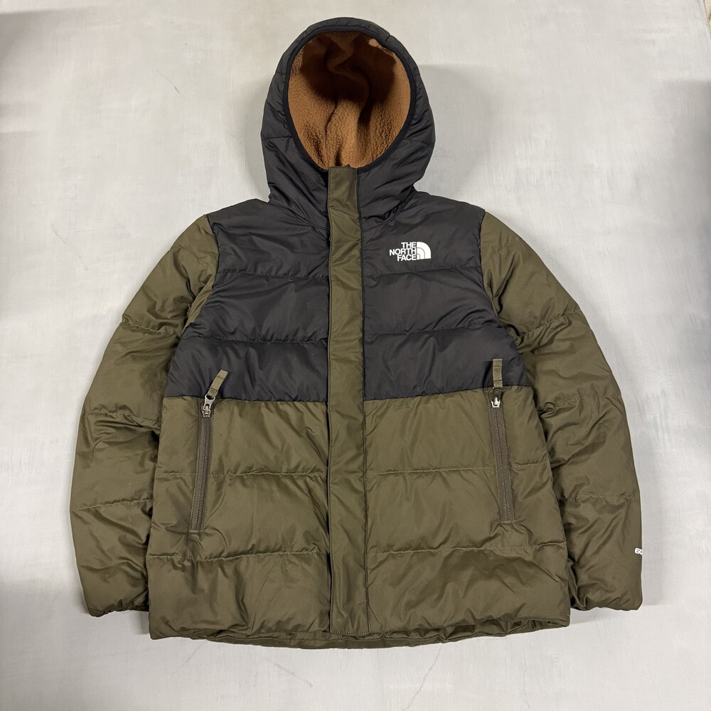 The North Face Olive Black Colorblock Hooded 700 Puffer Jacket Youth L